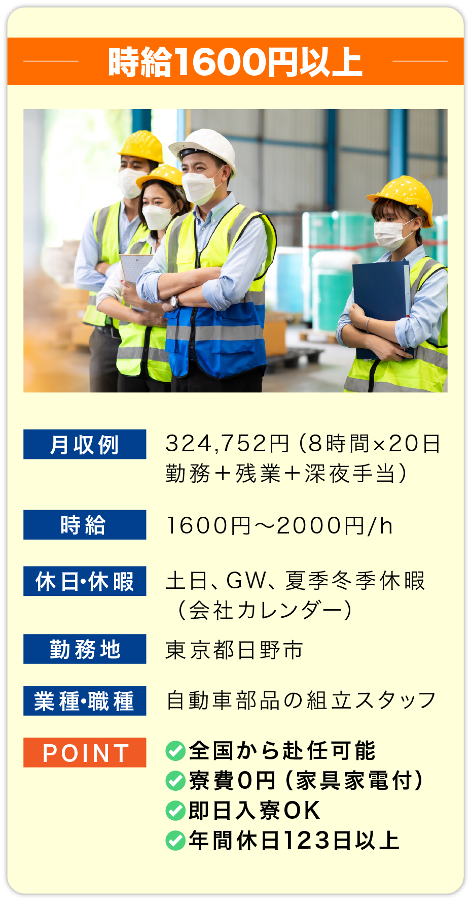 時給1600円〜 月収例 324,752円（8時間×20日勤務＋残業＋深夜手当）
    
                        時給 1600円〜2000円/h
                        
                        休日・休暇 土日、GW、夏季冬季休暇
                        （会社カレンダー）
                        
                        勤務地 東京都日野市
                        
                        業種・職種 自動車部品の組立スタッフ
                        
                        POINT 
                        ✅全国から赴任可能
                        ✅寮費0円（家具家電付）
                        ✅即日入寮OK
                        ✅年間休日123日以上